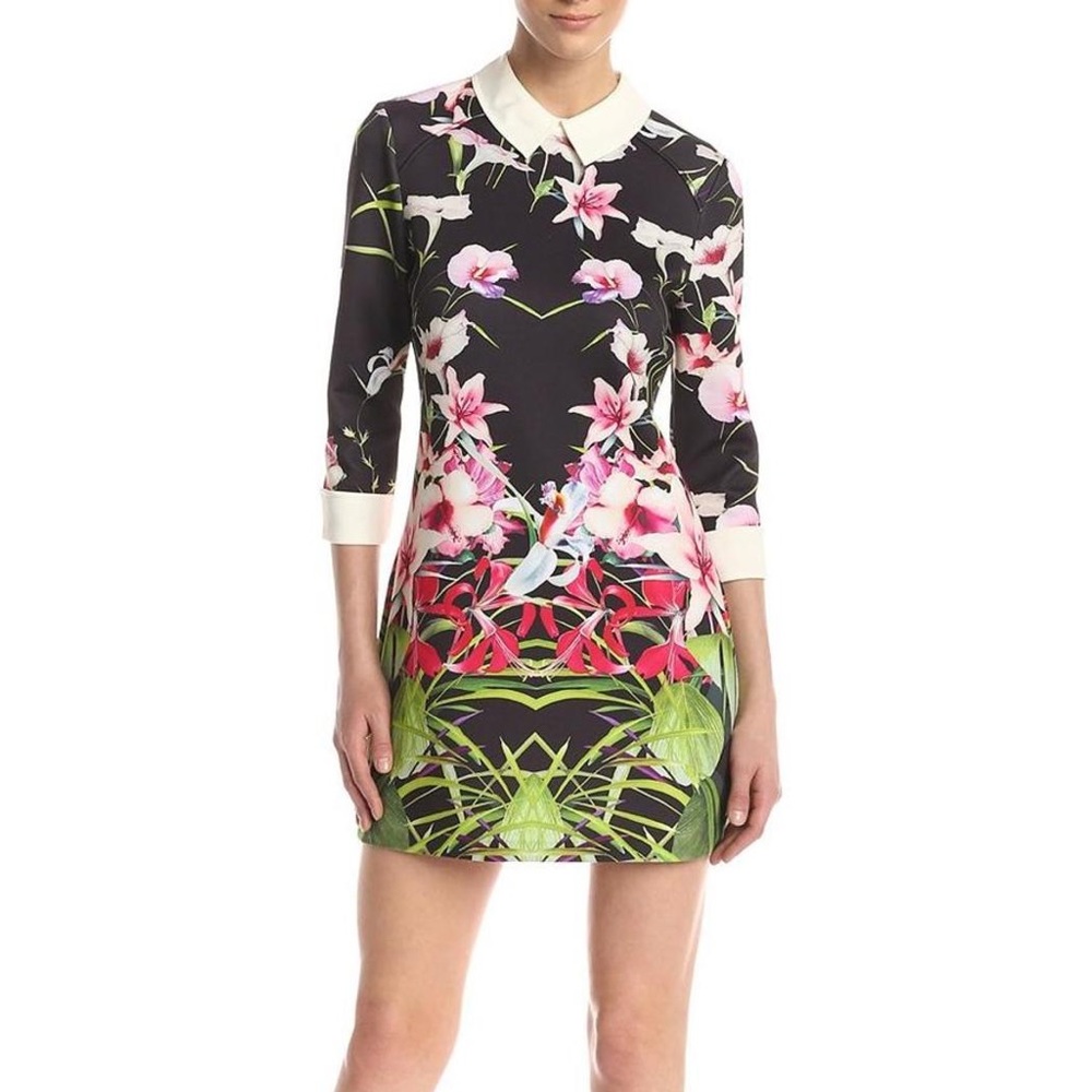 Ted Baker Youma Tunic Dress Mini Collared Floral Scuba Cuffed Women's 2 Medium M